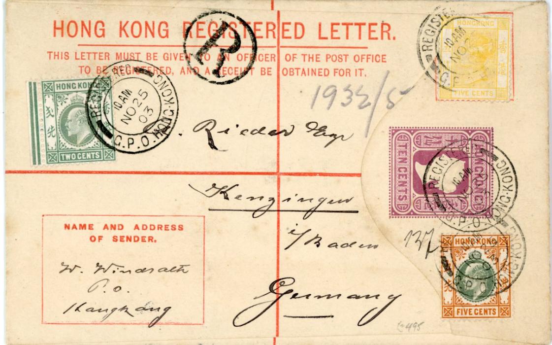 HONG KONG HONG KONG: 1903 (25 Nov.) QV 10c. registration envelope to Germany uprated 5c. yellow with
K.E. VII 2c. and 5c, tied by Registered Hong Kong c.d.s. with