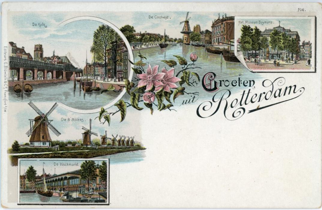 NETHERLANDS NETHERLANDS: 1898ca Litho postcard picture stationery card imprinted PORT/ 5 / CENT showing colour image entitled ‘Groeten Wit Rotterdam, fine mint.