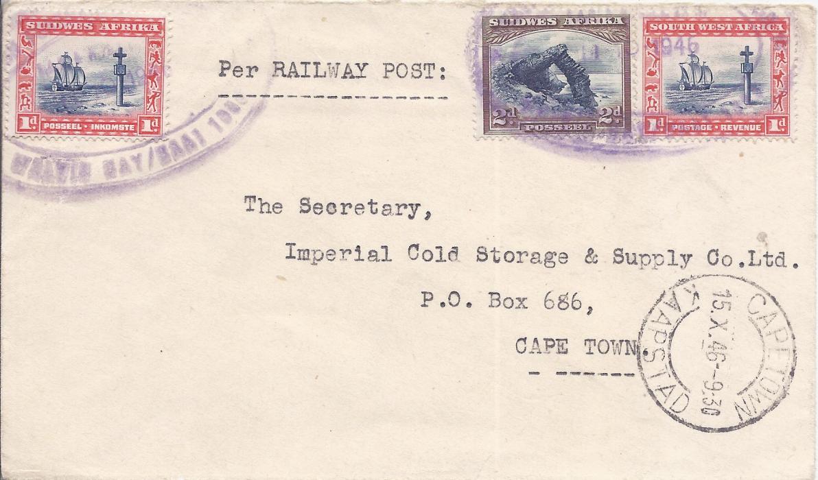 South West Africa 1946 Walvis Bay to Cape Town cover franked 1d. (2) and 2d. tied by two large double oval violet railway cancels with a clearer full strike on reverse.