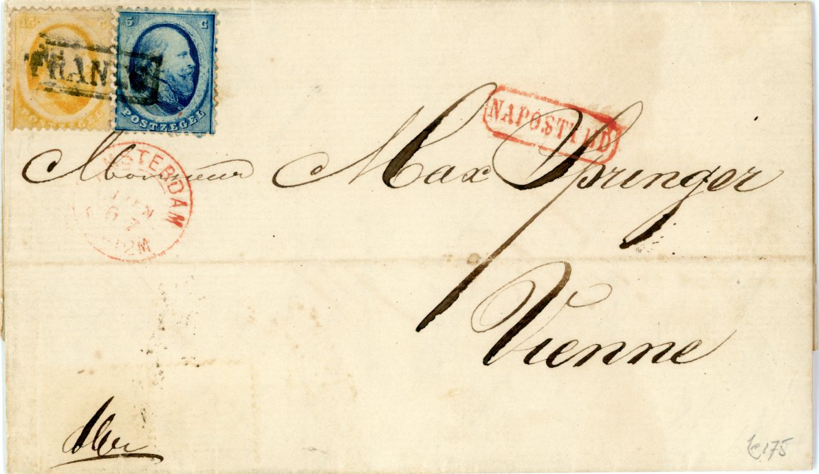 NETHERLANDS NETHERLANDS: 1867 (1 June) Entire to Austria franked 1864 5c. + 15c. cancelled boxed FRANCO, red Amsterdam dispatch and boxed NAPOSTTED alongside, Emmerich Oberhausen and Wien arrival backstamps.