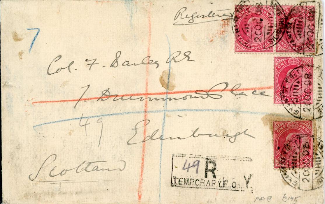 TIBET TIBET: 1908 Part linen backed envelope registered to Scotland franked India KEVII 1a. (pair + 2 singles) tied by GYANTSE TIBET SILIGURI BASE, boxed R./ TEMPORARY P.O. Y alongside, addressed to Col. Bailey, part Edinburgh arrival backstamp, much of the back has been excised.