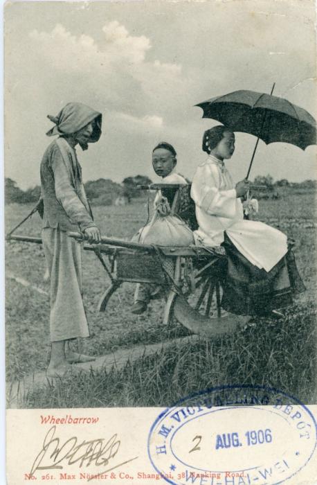 HONG KONG HONG KONG: 1906 (AU 2) picture postcard entitled ‘Wheelbarrow’ printed by Max Nossler & Co franked KEVII 4c. tied by LIUKUNGTAU cds, with Shanghai B.P.O (AU 6) and London arrival alongside, on the front fine and rare blue oval cachet IT. M. VICTUALLING DEPOT / WEI-HAI-WEI.