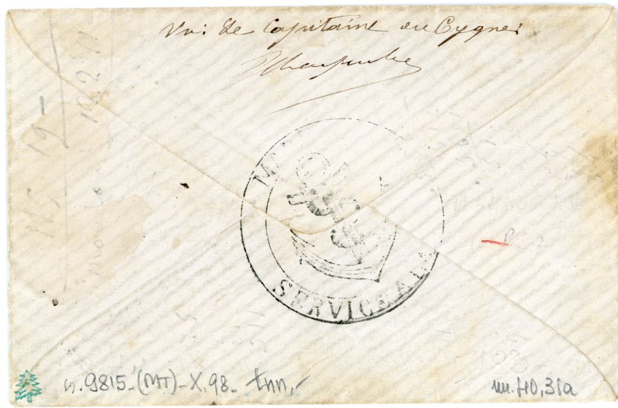 FRENCH COLONIES - SENEGAL FRENCH COLONIES - SENEGAL: 1879 (22 Dec) Envelope to France franked 1877-78 imperf Peace & Commerce 5c. green + 1879 10c. black / lilac tied by blue octagonal CORR. D’ARMEES. ST LOUIS datestamp in blue, clearer strike alongside, Corr.d ‘ Arm-Lig.J. Paq. Fr. No4 cds alongside applied on board the ‘Congo’, both stamps with good margins, very scarce usage of the 5c. in Senegal. Cert Dienna.