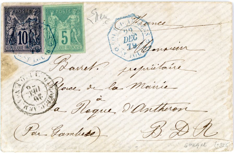 FRENCH COLONIES - SENEGAL FRENCH COLONIES - SENEGAL: 1879 (22 Dec) Envelope to France franked 1877-78 imperf Peace & Commerce 5c. green + 1879 10c. black / lilac tied by blue octagonal CORR. D’ARMEES. ST LOUIS datestamp in blue, clearer strike alongside, Corr.d ‘ Arm-Lig.J. Paq. Fr. No4 cds alongside applied on board the ‘Congo’, both stamps with good margins, very scarce usage of the 5c. in Senegal. Cert Dienna.