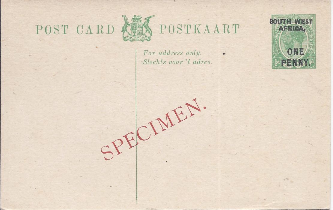 South West Africa 1923 ONE PENNY on 1/2d. English overprinted postal stationery card bearing diagonal SPECIMEN overprint in red. Very fine condition.