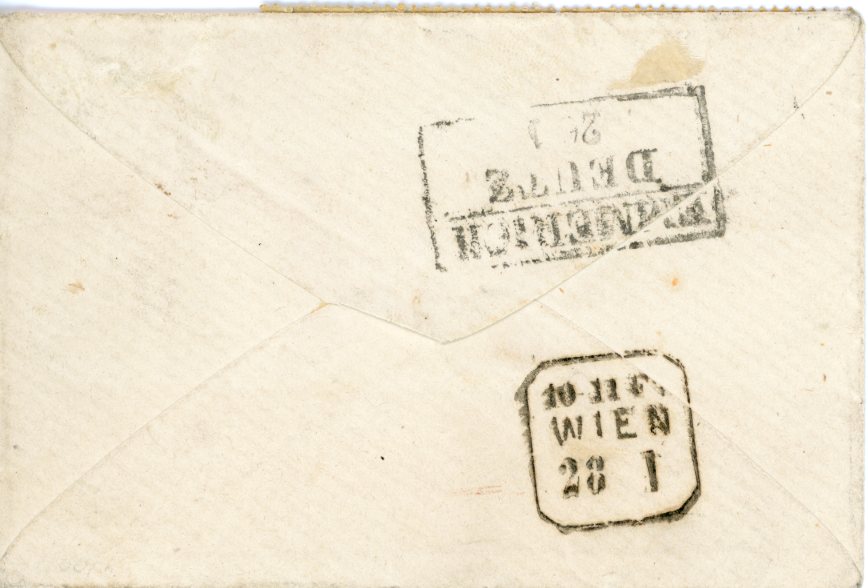 NETHERLANDS NETHERLANDS: 1865 (25 1) Envelope to Austria franked 1864 5c. blue horizontal strip of 4 (1 perf fault) tied by boxed FRANCO, red DORDRECHT dispatch, boxed EMMERICH/ DEUTZ 26 1 transit and WIEN 28 1 arrival, very fine appearance. 