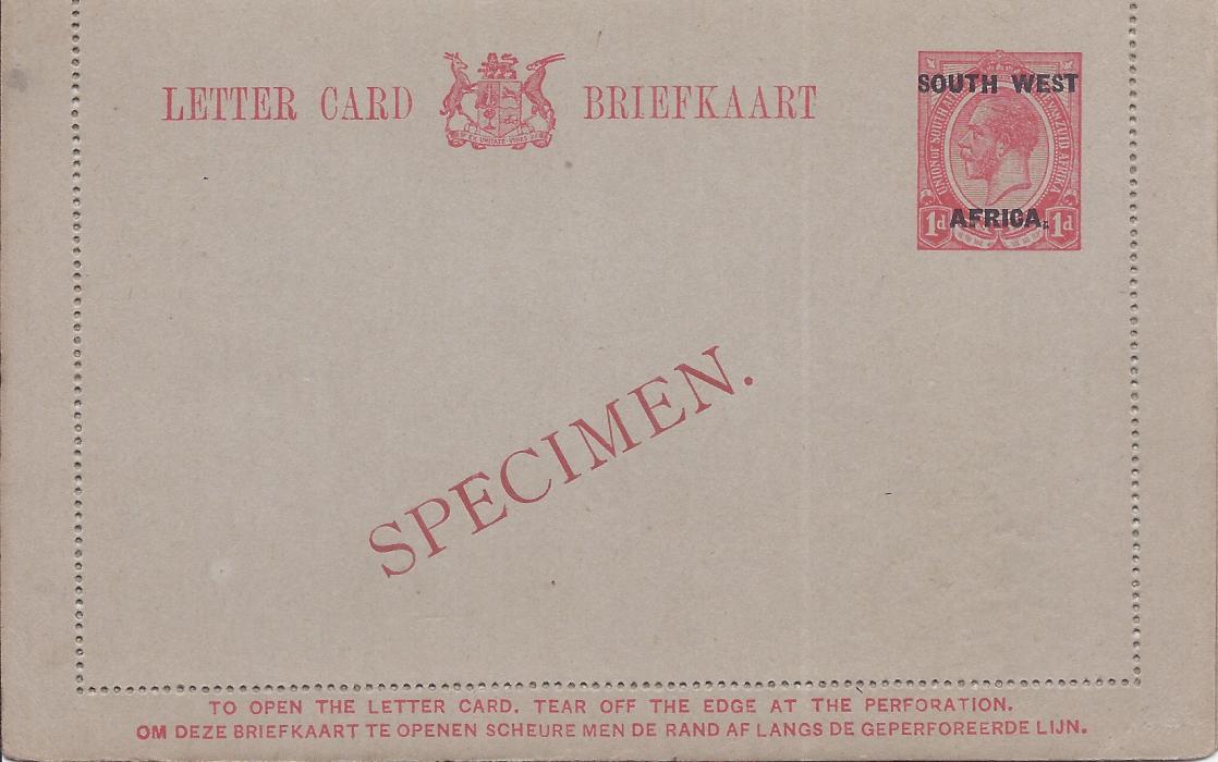 South West Africa 1923 1d. English overprinted postal stationery letter card bearing diagonal SPECIMEN overprint in red. Very fine condition.