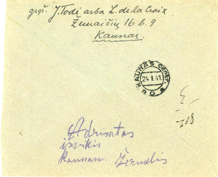 LITHUANIA LITHUANIA: 1941 (20 1) Registered express internal envelope franked 1934 Air 3l. orange and green marginal single tied by SEIRIJAI cds with EXPRESS pink label alongside, redirected, Kaunas backstamp, fine.