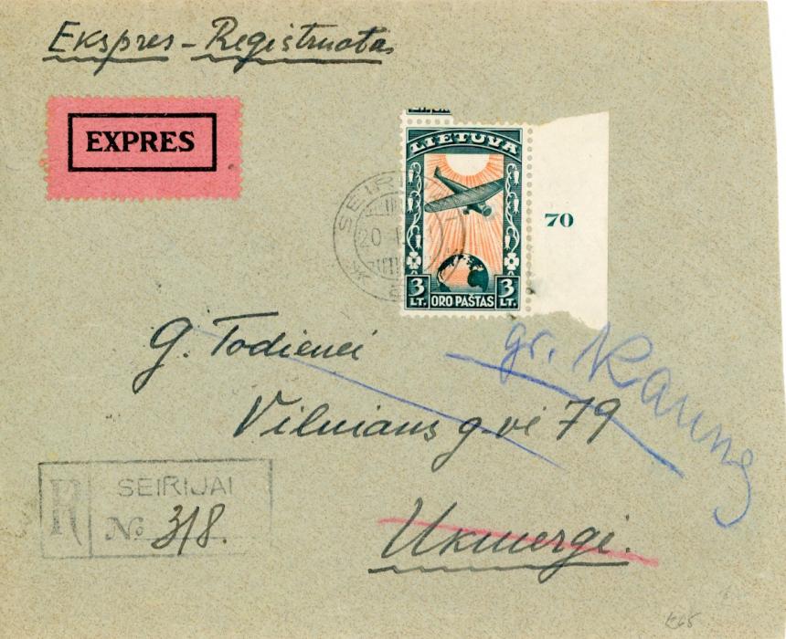 LITHUANIA LITHUANIA: 1941 (20 1) Registered express internal envelope franked 1934 Air 3l. orange and green marginal single tied by SEIRIJAI cds with EXPRESS pink label alongside, redirected, Kaunas backstamp, fine.