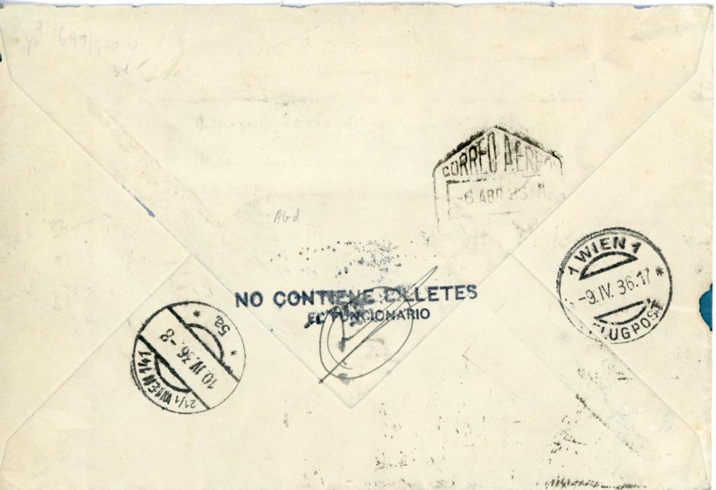 SPAIN SPAIN: 1936 (6 ABR) 1 pta Special National Philatelic Exhibition postal stationery envelope registered to Austria franked 1936 First National Philatelic Exhibition Madrid air 10c. scarlet + 15c. blue imperf ovpt. COREO AERO all tied hexagonal Madrid datestamps in combination with 1931-38 10c. vertical pair + 30c., Wien arrival backstamps, small ink stain top right otherwise fine.
