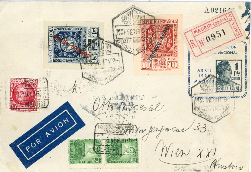 SPAIN SPAIN: 1936 (6 ABR) 1 pta Special National Philatelic Exhibition postal stationery envelope registered to Austria franked 1936 First National Philatelic Exhibition Madrid air 10c. scarlet + 15c. blue imperf ovpt. COREO AERO all tied hexagonal Madrid datestamps in combination with 1931-38 10c. vertical pair + 30c., Wien arrival backstamps, small ink stain top right otherwise fine.
