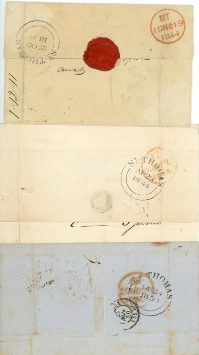VENEZUELA VENEZUELA: 1844-50 3 Folded cover from La Guayra, 2 to London, 1 to Barcelona, all with ST THOMAS double arc transit backstamps, GUAYRA FRANCA dispatch in red, green and black, mixed, somelight vertical creasing.