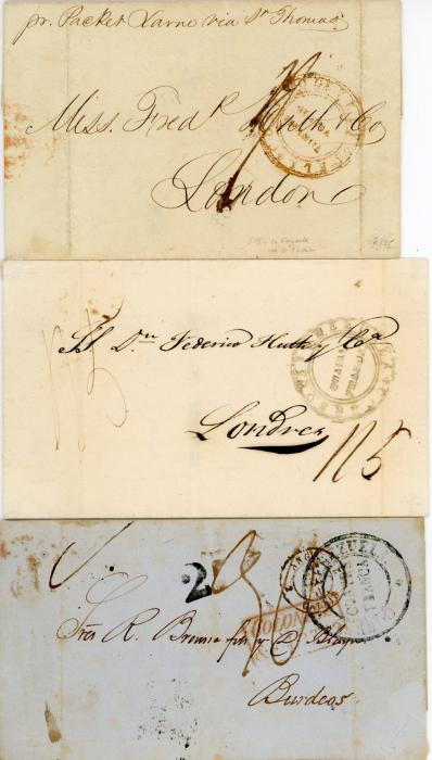 VENEZUELA VENEZUELA: 1844-50 3 Folded cover from La Guayra, 2 to London, 1 to Barcelona, all with ST THOMAS double arc transit backstamps, GUAYRA FRANCA dispatch in red, green and black, mixed, somelight vertical creasing.