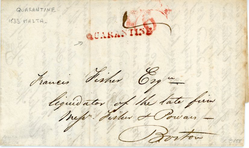 MALTA MALTA: 1883 (14 May) Folded letter to Boston, USA with red straight line QUARANTINE and SHIP/ 6, fine.