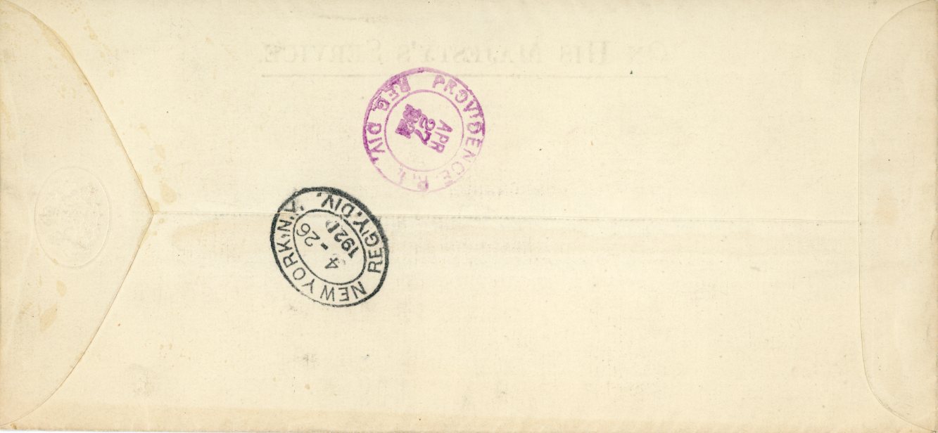 ANTIGUA ANTIGUA: 1921 (AP 11) Long printed OHMS printed envelope from Post Office Antigua to USA franked 1908-17 1s. blue and dull purple (SG49) paying the registration rate to USA with New York transit and Providence R.I. arrival backstamps, fine.
