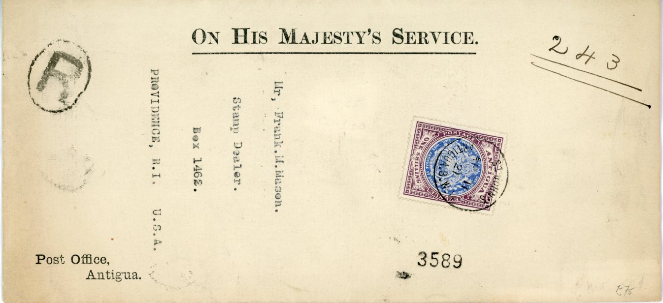 ANTIGUA ANTIGUA: 1921 (AP 11) Long printed OHMS printed envelope from Post Office Antigua to USA franked 1908-17 1s. blue and dull purple (SG49) paying the registration rate to USA with New York transit and Providence R.I. arrival backstamps, fine.