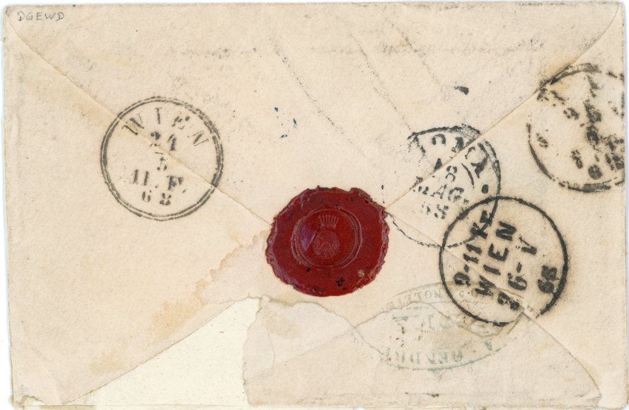 ITALIAN STATES - PAPAL STATES ITALIAN STATES - PAPAL STATES: 1868 (18 May) Envelope to Austria franked 1868 10c. orange vermilion (2) perf overlapping 1867 40c. yellow imperf tied by mute cancel of Roma, reverse with Roma dispatch and Vienna arrival, small part of backflap missing and some small closed peripheral tears to address pane. Cert S.Sorani.