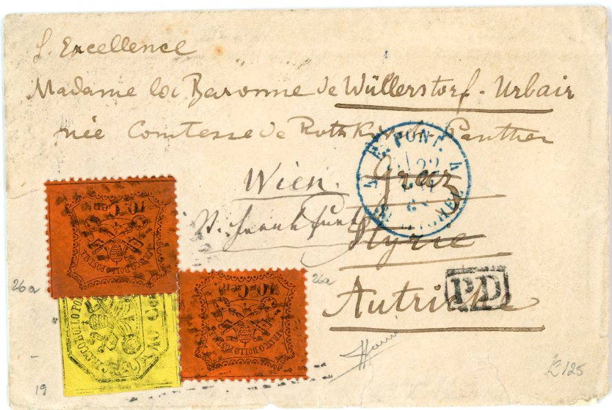 ITALIAN STATES - PAPAL STATES ITALIAN STATES - PAPAL STATES: 1868 (18 May) Envelope to Austria franked 1868 10c. orange vermilion (2) perf overlapping 1867 40c. yellow imperf tied by mute cancel of Roma, reverse with Roma dispatch and Vienna arrival, small part of backflap missing and some small closed peripheral tears to address pane. Cert S.Sorani.