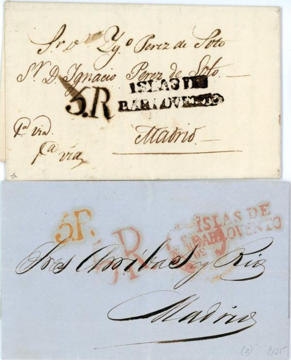 CUBA CUBA: Entires to Madrid, 1820 & 1853, both with S/C ISLAS DE / BARLOVENTO in black and red respectively, 1820 dispatched in Canary Is, fine pair.