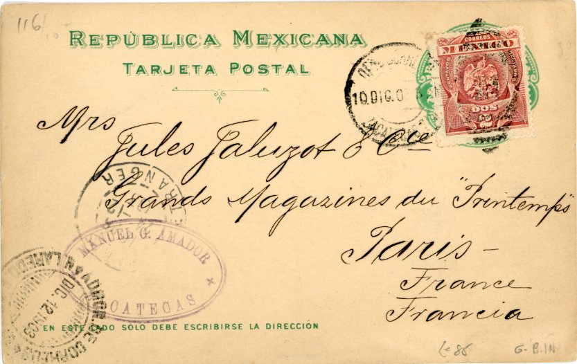 MEXICO MEXICO: 1898 (21 Dec) 3c. brown postal stationery used to New York with arrival with fine illustration on reverse showing colonial house with banana tree, entitled Deutsches Haus - Mexico, fine used.