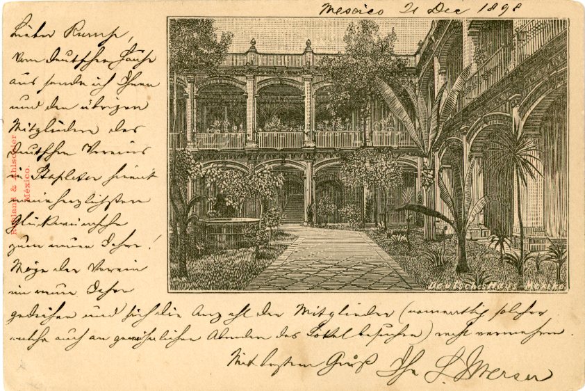 MEXICO MEXICO: 1898 (21 Dec) 3c. brown postal stationery used to New York with arrival with fine illustration on reverse showing colonial house with banana tree, entitled Deutsches Haus - Mexico, fine used.
