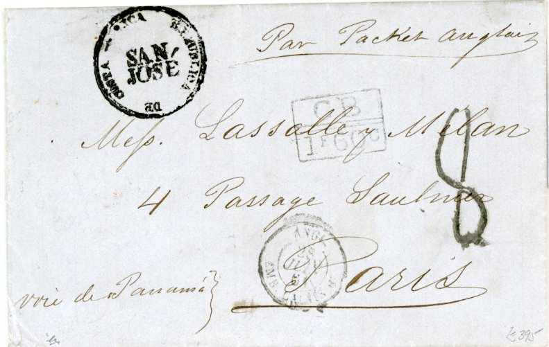 COSTA RICA COSTA RICA: 1861 (May 31) Entire to France with undated SAN JOSE / REPUBLICA DE COSTA RICA circular dispatch with segmented boxed GB / 1F 60c accountancy mark all in black on front, red London transit bs, fine.