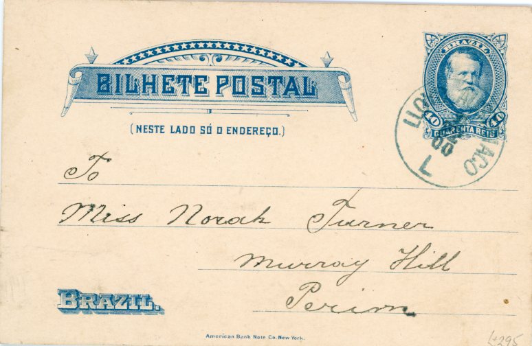 AUSTRIA MARITIME AUSTRIA MARITIME: 1900 BRAZIL 40r blue with head of 1878 100r green adhesive cancelled blue LLOYD AUSTRIA CO L cds, posted on S.S. PANDORA, only recorded usage on Brazilian philately, addressed to Perim, very late usage of this card.