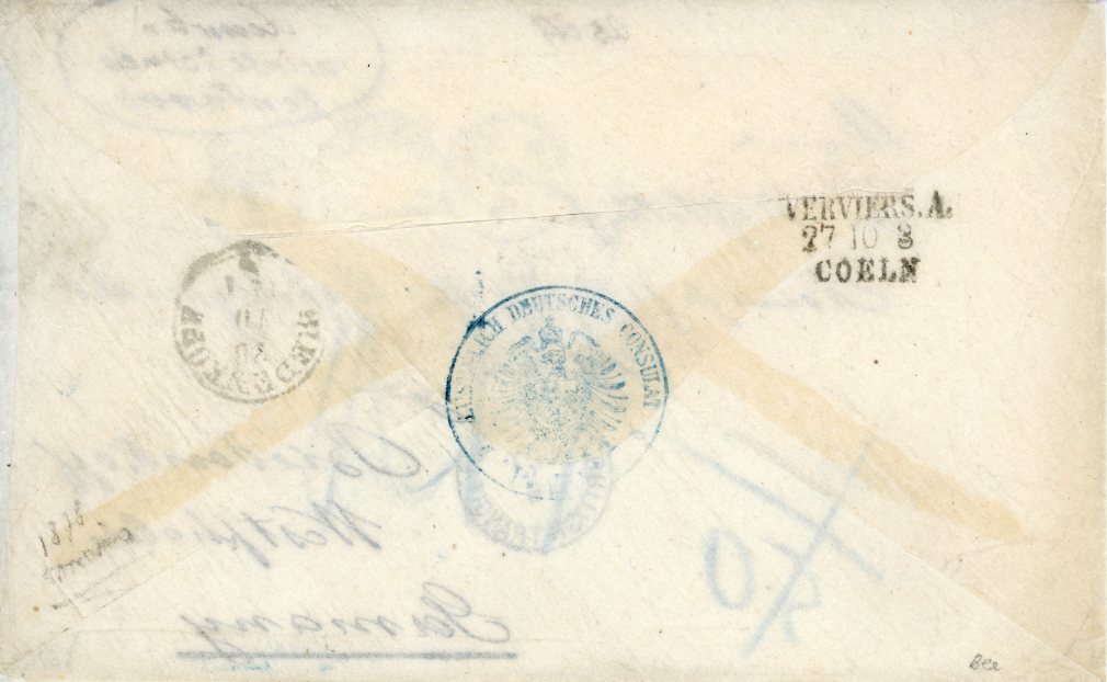 PANAMA PANAMA: 1878 Unfranked envelope to Germany with manuscript ‘....Veinte i cinco centavos’ and ‘25ct’ applied at top, circular NY T applied in transit with opera glass NEW YORK OCT 15 / PANAMA TRANSIT, and NEW YORK BRITISH TRANSIT OCT 16 cds alongside, German circular cachet alongside and arrival, fine and unusual.