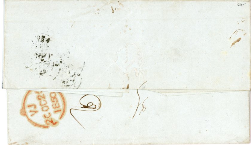 PANAMA PANAMA: 1850 (11 Sept) Entire from PAITA, Peru to Paris routed through Panama with straight line PANAMA / TRANSIT in red and PANAMA / 21 SP 1850 / TRANSIT in black, red London transit 20 Oc. backstamp, scarce combination.