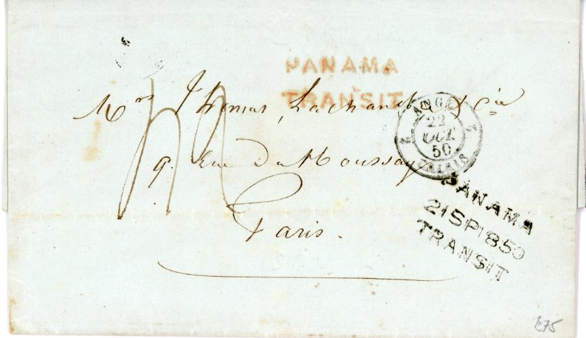 PANAMA PANAMA: 1850 (11 Sept) Entire from PAITA, Peru to Paris routed through Panama with straight line PANAMA / TRANSIT in red and PANAMA / 21 SP 1850 / TRANSIT in black, red London transit 20 Oc. backstamp, scarce combination.