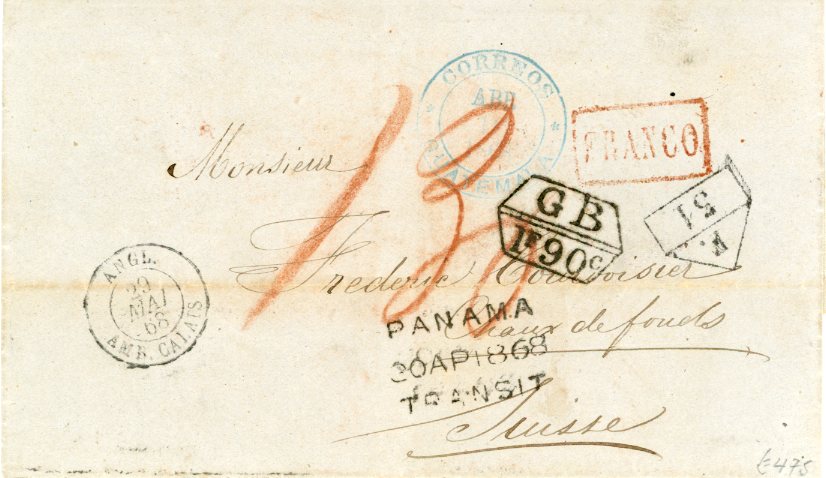 GUATEMALA GUATEMALA: 1868 (16 Avril) folded stampless cover to Switzerland with CORREOAS GUATEMALA blue dispatch cds, red boxed FRANCO alongside with French accountancy marks F/31 and GB / 1f 90c, PANAMA / TRANSIT and French entry mark all on front, rated 1.30 in red crayon, London TPO transit backstamp, La Chaux de Fonds arrival, fine, handstamped ‘MADDEN’ in red.