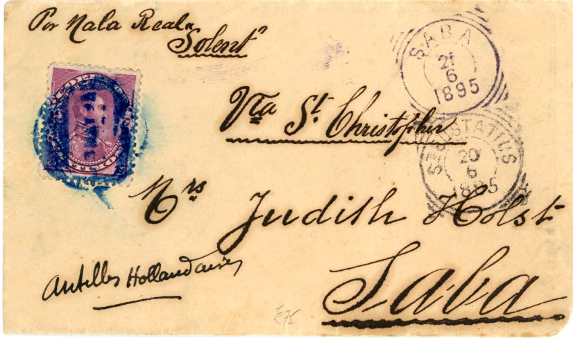 VENEZUELA VENEZUELA: 1895 (3 May) envelope to SABA Dutch Antilles franked 1893 25c. magenta tied indistinct blue cds ST EUSTATIUS transit (20/6) and SABA arrival (21/6) back squared circle datestamps alongside, transported by the ‘Solent’, scarce destination.