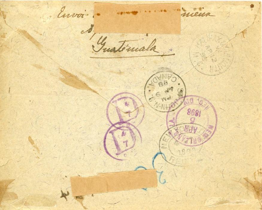 GUATEMALA GUATEMALA: 1898 (MAR) registered AR envelope to Nova Scotia franked on front 1893 25c orange tied by oval GUATEMALA AR/ star duplex with Reg cachet and oval dispatch all in violet, various transit backstamps incl. New Orleans, New York, St Johns, Halifax, New York registration label on front, few minor corner creases top right.
