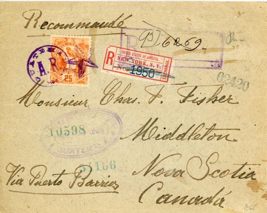 GUATEMALA GUATEMALA: 1898 (MAR) registered AR envelope to Nova Scotia franked on front 1893 25c orange tied by oval GUATEMALA AR/ star duplex with Reg cachet and oval dispatch all in violet, various transit backstamps incl. New Orleans, New York, St Johns, Halifax, New York registration label on front, few minor corner creases top right.