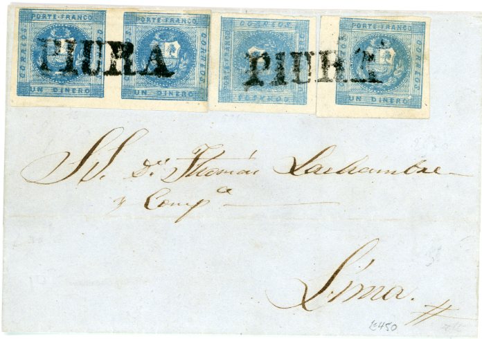 PERU PERU: 1858 (20 DIC) Folded cover to LIMA franked 1858 1d. Pale blue (pair) + 2 singles, all with good margins except one margin of pair, cancelled straight line PIURA, fine franking.