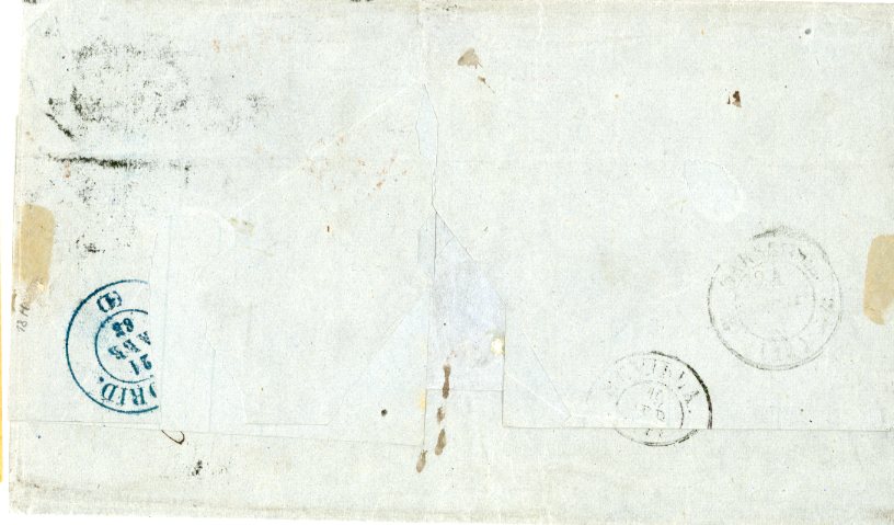 CUBA CUBA: 1865 29 MAR Folded envelope franked 1864 1r bright blue / salmon, two, both with full margins, tied by segmented cork oval cancel with Matanzas dispatch, Spanish / French TPO entry mark, Madrid transit and Marseille faint arrival backstamp, small issues to backflaps, fine appearance.