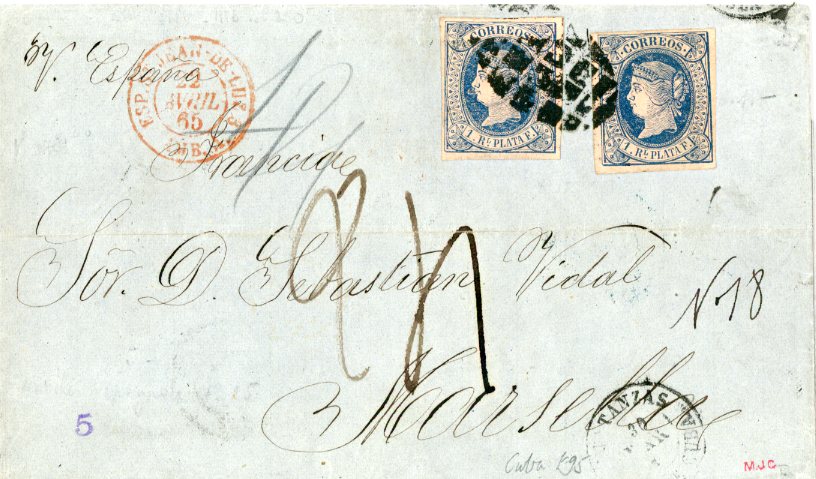 CUBA CUBA: 1865 29 MAR Folded envelope franked 1864 1r bright blue / salmon, two, both with full margins, tied by segmented cork oval cancel with Matanzas dispatch, Spanish / French TPO entry mark, Madrid transit and Marseille faint arrival backstamp, small issues to backflaps, fine appearance.
