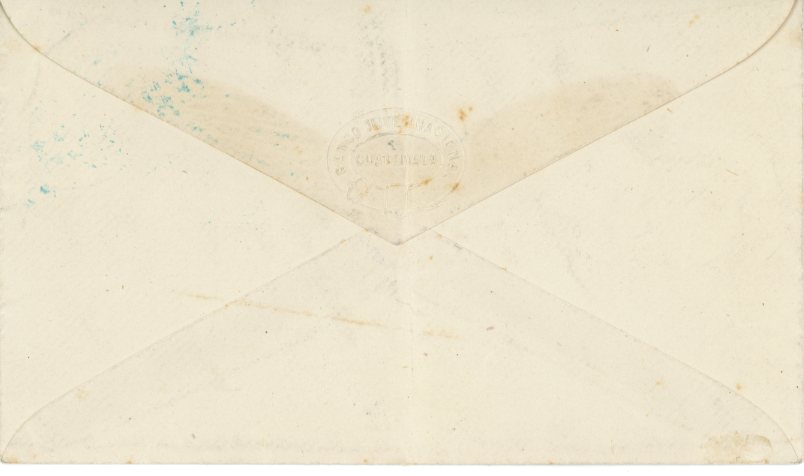 GUATEMALA GUATEMALA: 1893 (Feb 24) Stampless envelope cancelled octagonal POSTA LOCAL/GUATEMA datestamp and oval FRANCA, both in ultramarine with BANCO INTERNACIONAL imprint on backflap, faint central fold.