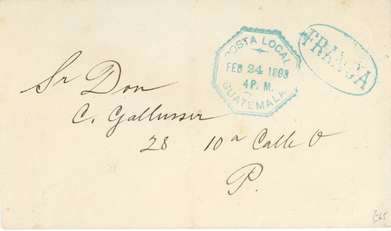 GUATEMALA GUATEMALA: 1893 (Feb 24) Stampless envelope cancelled octagonal POSTA LOCAL/GUATEMA datestamp and oval FRANCA, both in ultramarine with BANCO INTERNACIONAL imprint on backflap, faint central fold.