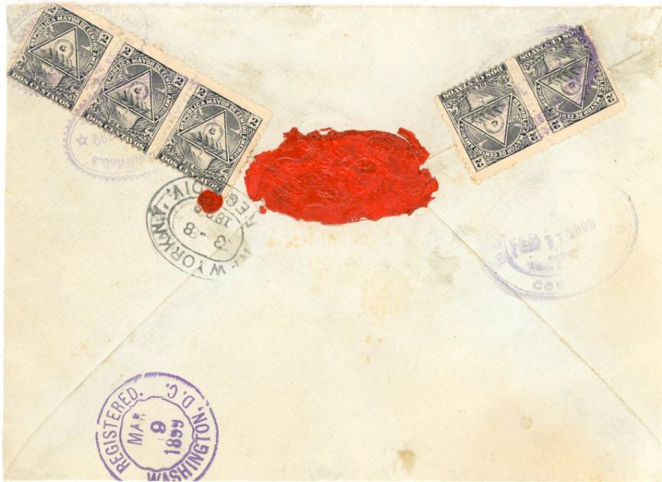 NICARAGUA NICARAGUA: 1899 (Feb 2) franked 1899 official 10c. (4) tied by violet Managua oval datestamps segmented boxed RECOMMANDE with notation ‘26’ Gram, addressed to the Hon. A.A. Adee, slate dept Washington, on reverse franked additional Arms 2c grey pair + strip of 3, New York transit and Washington arrival backstamps, fine.