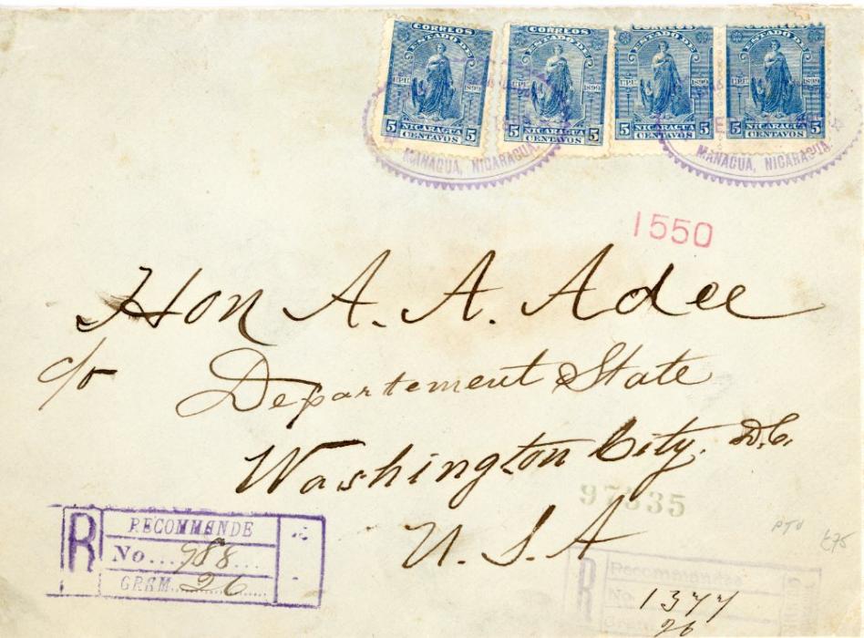 NICARAGUA NICARAGUA: 1899 (Feb 2) franked 1899 official 10c. (4) tied by violet Managua oval datestamps segmented boxed RECOMMANDE with notation ‘26’ Gram, addressed to the Hon. A.A. Adee, slate dept Washington, on reverse franked additional Arms 2c grey pair + strip of 3, New York transit and Washington arrival backstamps, fine.