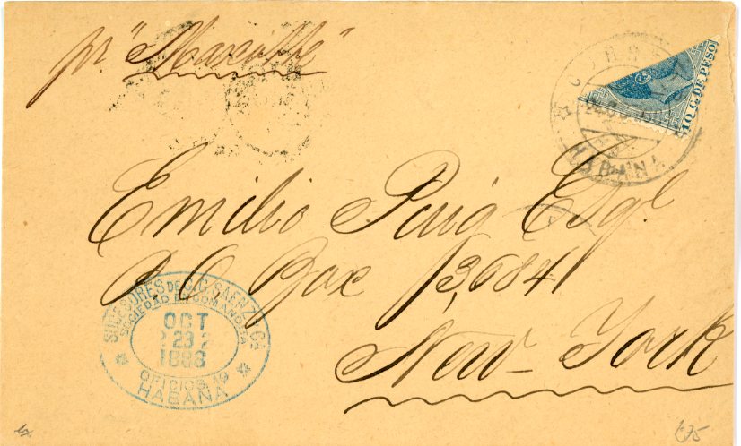 CUBA CUBA: 1888 (24 OC) franked 1888 10c. blue diagonal bisect tied by Habana cds addressed to USA with NEW YORK OC 27 / PAID ALL PD opera glass backstamp, fine. ex Brian Moorhouse. Scott 130a.