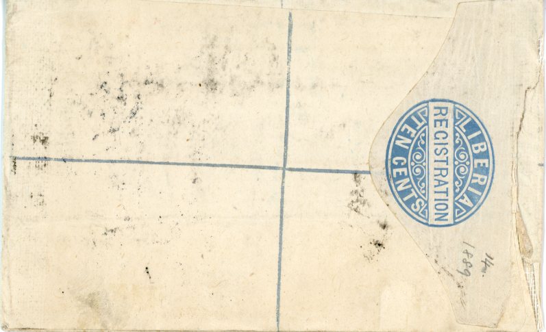 LIBERIA LIBERIA: 1891 (MY 12) blue 10c. registered stationery envelope to England uprated 1889 8c. blue with barred cancel MONROVIA cds and boxed Registered hs alongside, additionally tied by hooded London registered cds for JUN 6, fine.