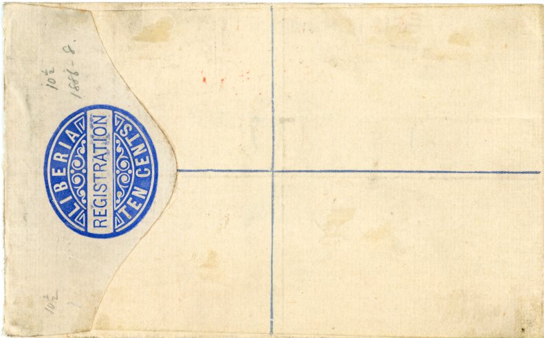 LIBERIA LIBERIA: 1891(JUL 13) blue registered 10c envelope uprated 1885 Arms of liberia 32c deep blue tied by MONROVIA LIBERIA cds (Letters only), red oval registered London arrival and local boxed registration alongside, rare single usage, fine.