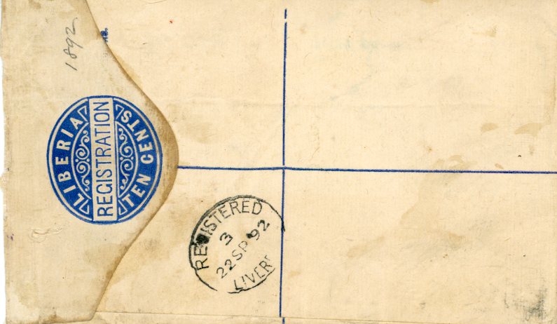 LIBERIA LIBERIA: 1892 (SEP 1) Registered blue 10. stationery envelope uprated 1892-6 2c + 12c tied by BASSA cds’s, three violet AR handstamps and hooded London registered ‘7’ cds’s in red and black alongside, Liverpool Registered oval backstamp, fine.