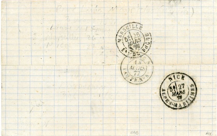 MAURITIUS MAURITIUS: 1877 (3 MARS) Folded cover franked 1871: French Shipmail, France Siège 40 c. orange (Yv 38), a single example used on 1877 cover endorsed 