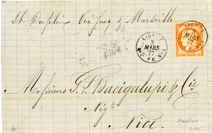 MAURITIUS MAURITIUS: 1877 (3 MARS) Folded cover franked 1871: French Shipmail, France Siège 40 c. orange (Yv 38), a single example used on 1877 cover endorsed 