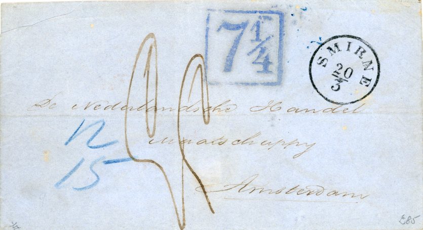 AUSTRIA LEVANT AUSTRIAN POST OFFICE IN SMYRNA: 1858 (20/3) Folded cover to Amsterdam struck in Trieste with fine franked 7¼ in blue , Smirne 20/3 dispatch and red 28 3 1858 Amsterdam backstamp, fine.