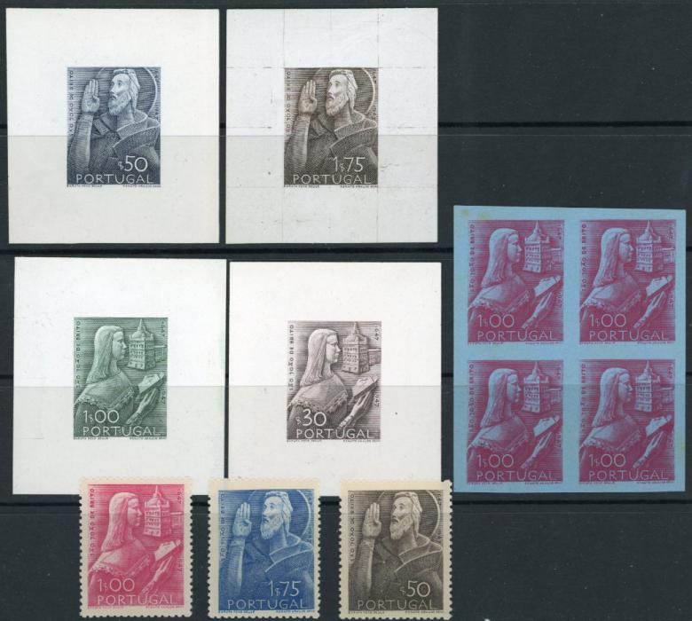 PORTUGAL PORTUGAL: 1948 Birth Centenary of St. Joao de Brito set of four proofs in unissued colours + additional 1E bright carmine imperf block of four on blued paper, faint gum toning. (11)