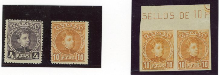 SPAIN SPAIN: 1901 Alfonso XIII 4p. brown-violet, 10p. orange with underprints ‘000,000’ and ‘000.009’, also 10p. upper marginal imperf. horizontal pair with underprints ‘000, 132/3’, odd gum wrinkle otherwise mainly fine unmounted mint.